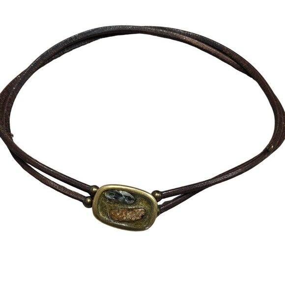 Brass Inlay Buckle Double-Layer Leather Belt Stone Accents Possibly Homemade - Picture 5 of 11